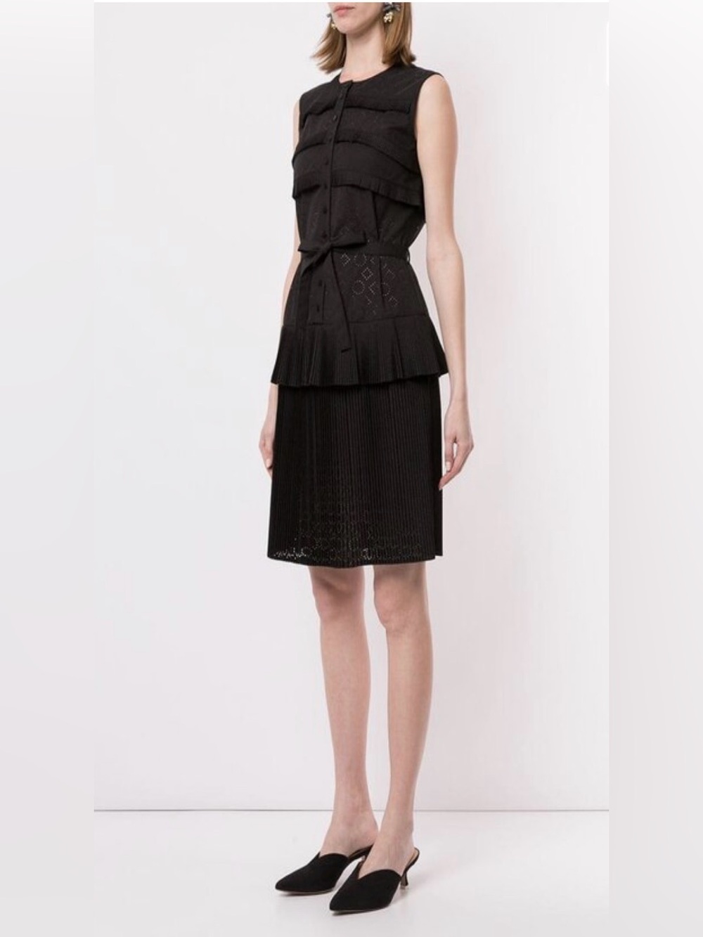 Paule Ka Black Eyelet Tiered Pleat Dress